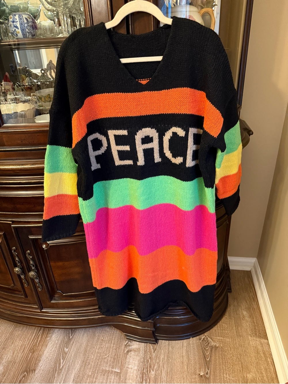 Peace Striped V-Neck Sweater Dress - Black Multi
